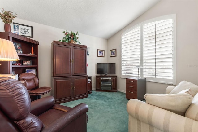 carpeted living room with a textured ceiling, vaulted ceiling, and plenty of natural light