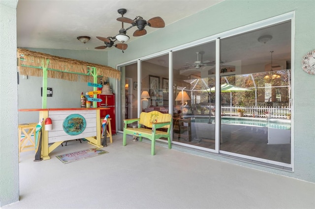 recreation room featuring lofted ceiling