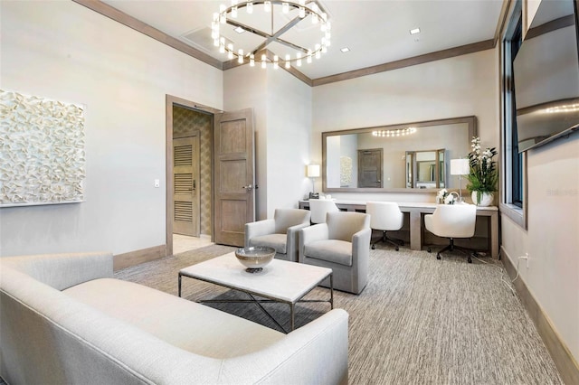 living room with ornamental molding, light carpet, a towering ceiling, and a chandelier