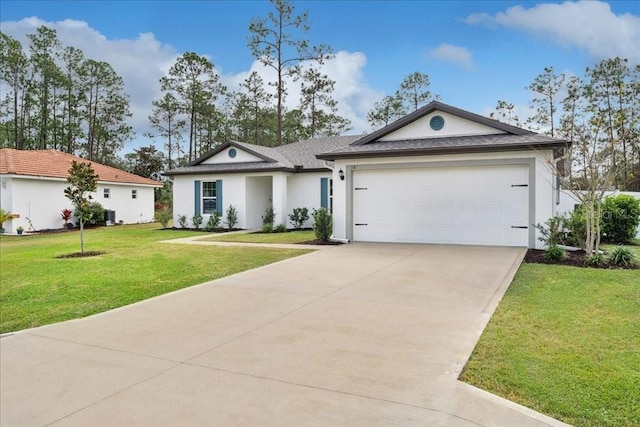 ranch-style home featuring a garage, a front lawn, and central air condition unit