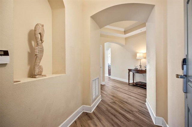 hallway featuring a tray ceiling and hardwood / wood-style floors