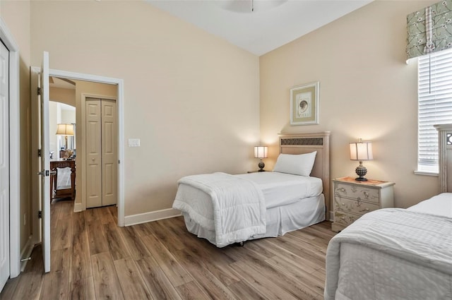 bedroom with hardwood / wood-style flooring and a closet