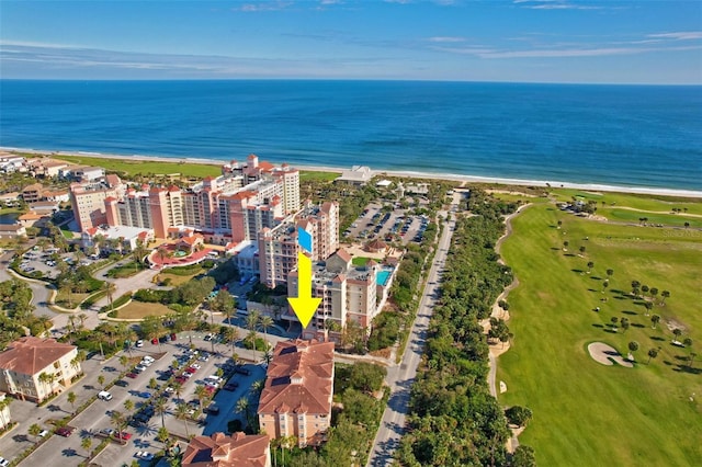 aerial view featuring a water view and a view of the beach