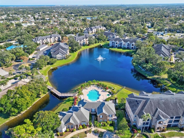 drone / aerial view featuring a water view