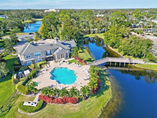 birds eye view of property featuring a water view