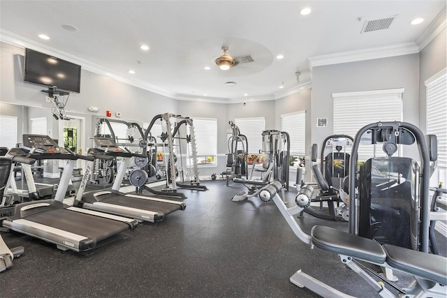 gym with a wealth of natural light, crown molding, and ceiling fan