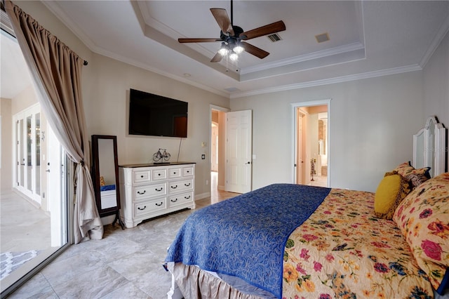 bedroom featuring crown molding, a tray ceiling, access to outside, and ceiling fan