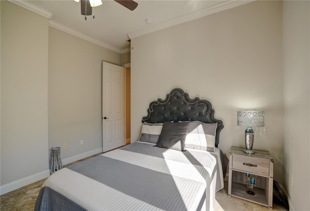 bedroom featuring ornamental molding and ceiling fan