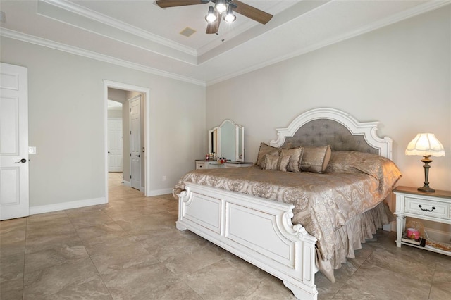67 Island Estates Pkwy, Palm Coast, FL 32137 - bedroom with a tray ceiling, crown molding, baseboards, and a ceiling fan