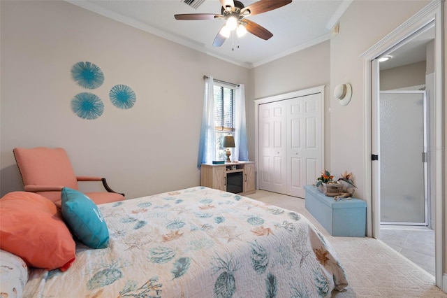 67 Island Estates Pkwy, Palm Coast, FL 32137 - bedroom with ornamental molding, a closet, light carpet, and ceiling fan