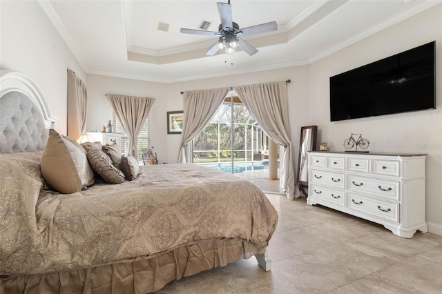 67 Island Estates Pkwy, Palm Coast, FL 32137 - bedroom featuring access to outside, a tray ceiling, crown molding, ceiling fan, and light tile patterned flooring