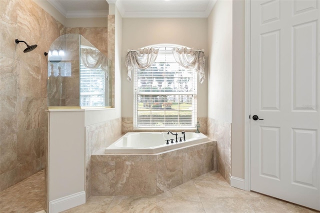 67 Island Estates Pkwy, Palm Coast, FL 32137 - bathroom with walk in shower, a bath, and ornamental molding