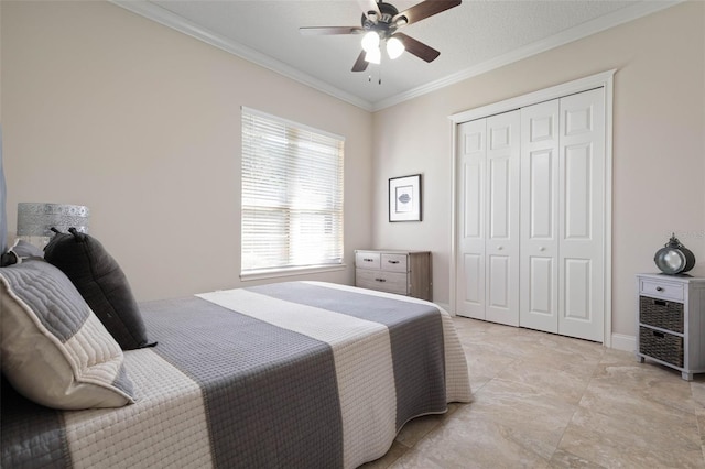 67 Island Estates Pkwy, Palm Coast, FL 32137 - bedroom featuring crown molding, a closet, ceiling fan, and baseboards