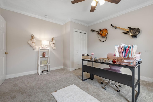 67 Island Estates Pkwy, Palm Coast, FL 32137 - carpeted office space with crown molding, ceiling fan, and baseboards