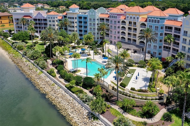 drone / aerial view featuring a water view