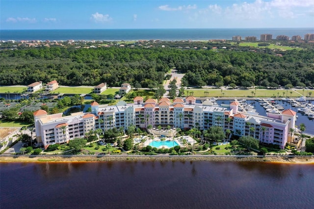 drone / aerial view featuring a water view