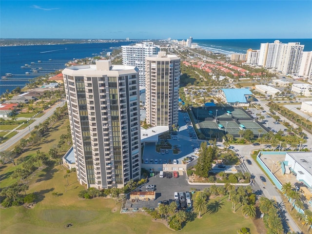 aerial view featuring a water view