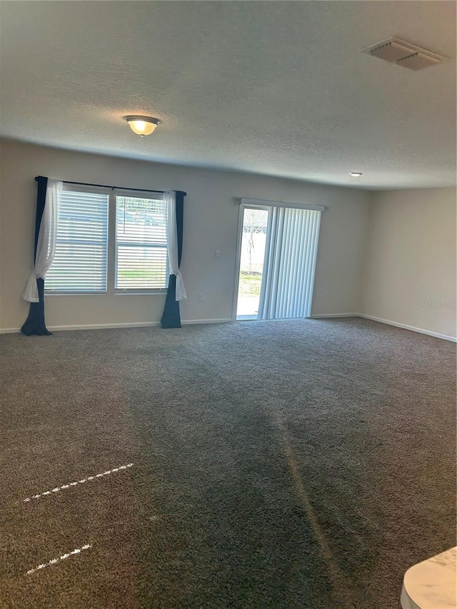 spare room featuring a textured ceiling, carpet, visible vents, and plenty of natural light