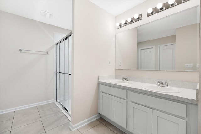 bathroom featuring tile patterned flooring, vanity, and an enclosed shower