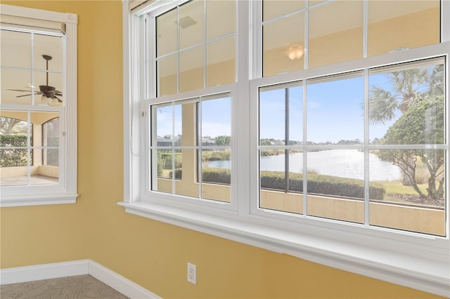 details featuring ceiling fan and a water view