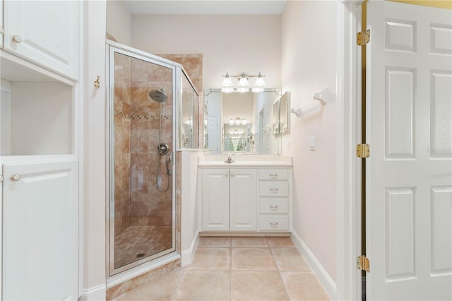 bathroom with tile patterned floors, vanity, and walk in shower