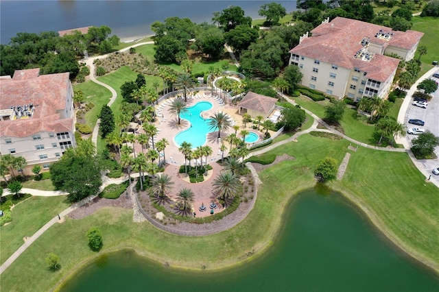 drone / aerial view with a water view