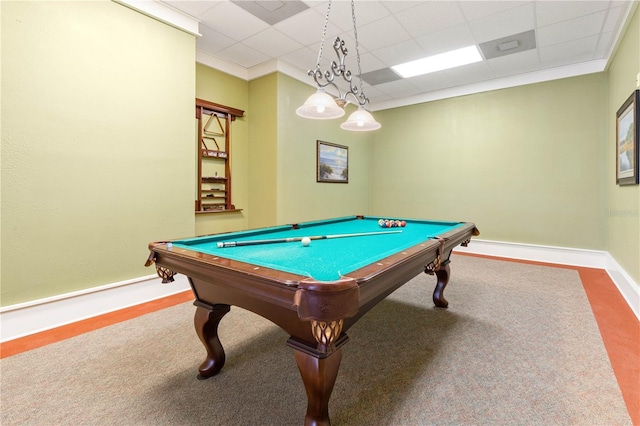 playroom featuring carpet flooring, a paneled ceiling, crown molding, and billiards