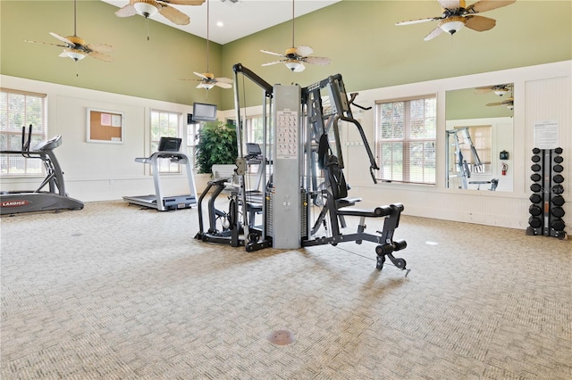 gym featuring carpet, a towering ceiling, and a wealth of natural light