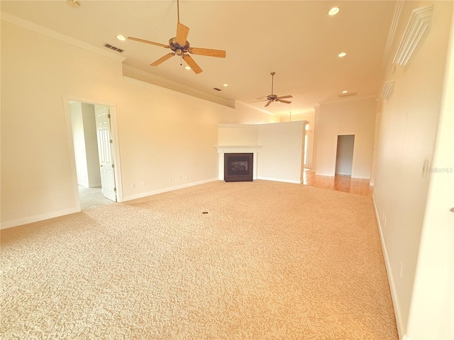 88 Longview Way N, Palm Coast, FL 32137 - unfurnished living room featuring a ceiling fan, carpet floors, crown molding, recessed lighting, and baseboards