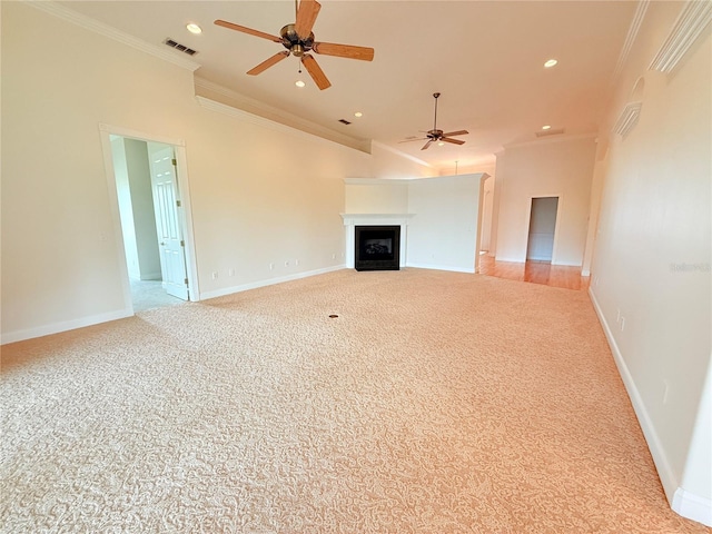 88 Longview Way N, Palm Coast, FL 32137 - unfurnished living room with a ceiling fan, light colored carpet, ornamental molding, a fireplace, and recessed lighting