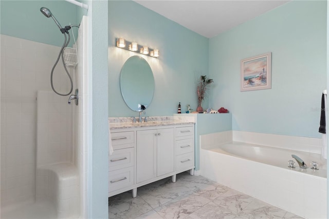 54 Fieldstone Ln, Palm Coast, FL 32137 - bathroom featuring vanity, a garden tub, a tile shower, and marble look tile flooring