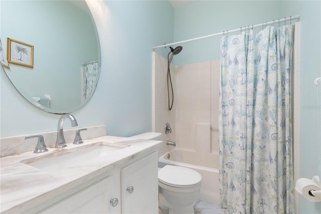 full bathroom with vanity, toilet, and shower / bath combo with shower curtain