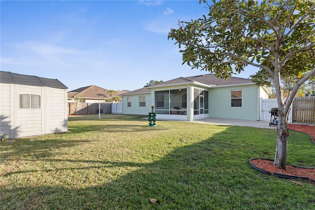54 Fieldstone Ln, Palm Coast, FL 32137 - back of property with a sunroom, a fenced backyard, a storage shed, stucco siding, and a patio