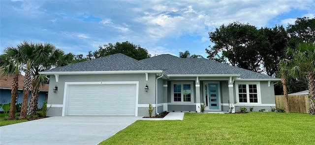 single story home featuring a garage and a front lawn