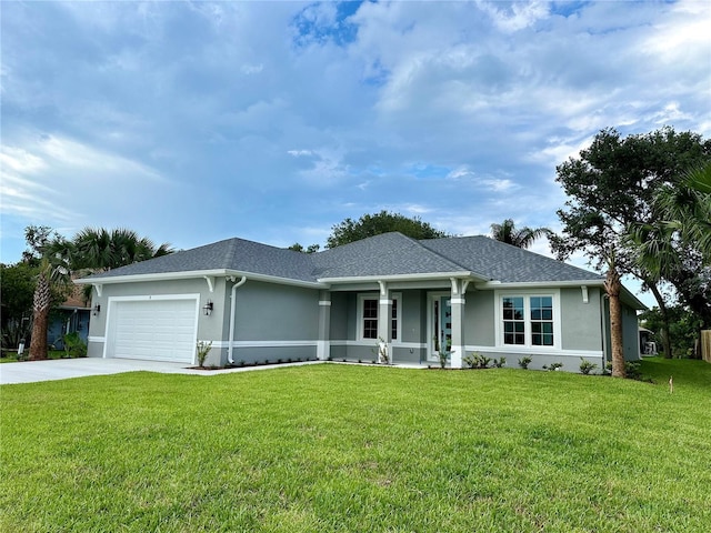 single story home featuring a front lawn and a garage