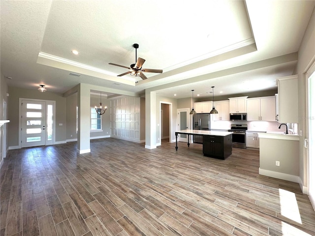 kitchen with hardwood / wood-style floors, a center island, stainless steel appliances, and a tray ceiling