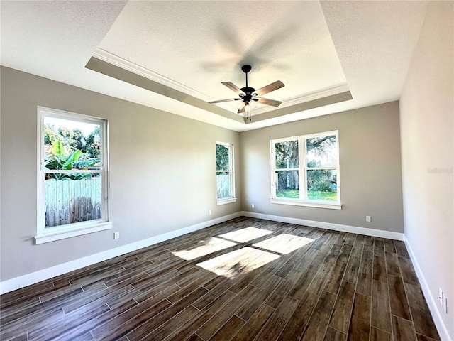 spare room featuring a textured ceiling, dark hardwood / wood-style flooring, a raised ceiling, and a healthy amount of sunlight