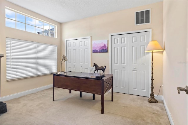 home office featuring light carpet