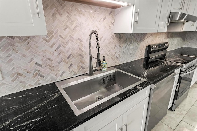 kitchen with sink, stainless steel appliances, white cabinetry, and ventilation hood