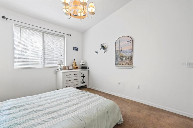 carpeted bedroom with lofted ceiling and a chandelier