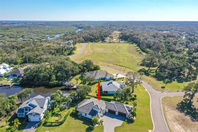 drone / aerial view featuring a water view