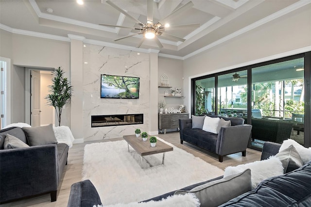 living room featuring crown molding, light wood-type flooring, a fireplace, and a tray ceiling