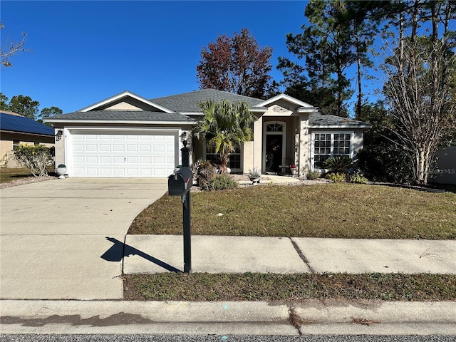 ranch-style house featuring a garage, driveway, stucco siding, roof with shingles, and a front yard