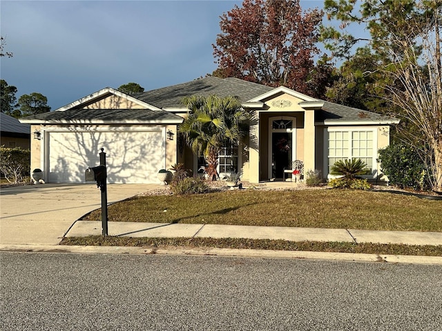 single story home featuring stucco siding, driveway, and a garage