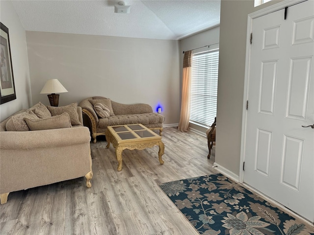 living room featuring baseboards, a textured ceiling, and light wood finished floors