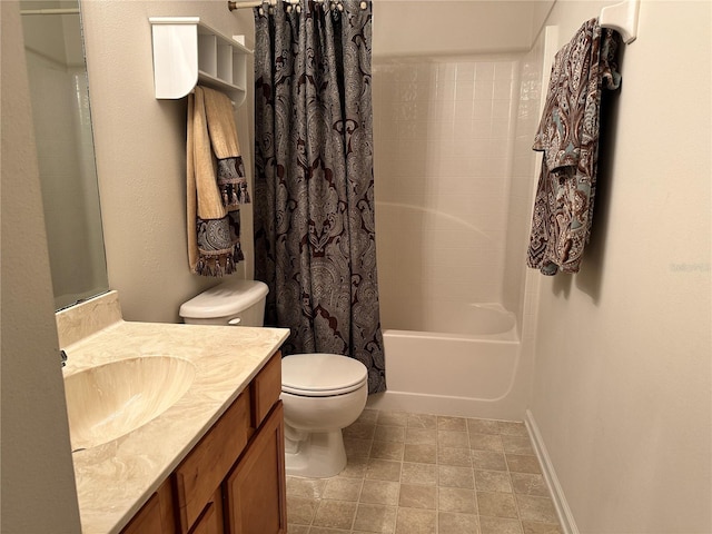 full bathroom with toilet, vanity, baseboards, and shower / bathtub combination with curtain