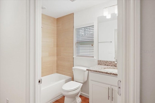 full bathroom featuring hardwood / wood-style flooring, vanity, shower / bath combination, and toilet