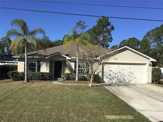 single story home with a front lawn and a garage