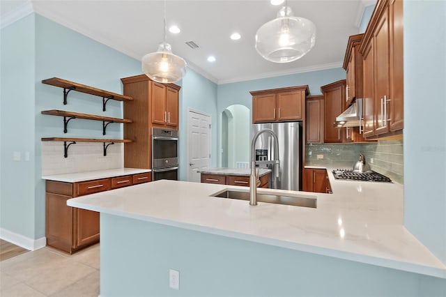 kitchen with kitchen peninsula, decorative light fixtures, stainless steel appliances, and exhaust hood