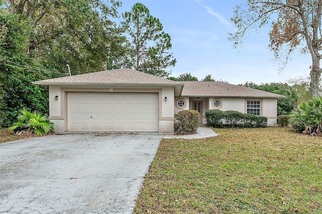 ranch-style house with a front lawn and a garage